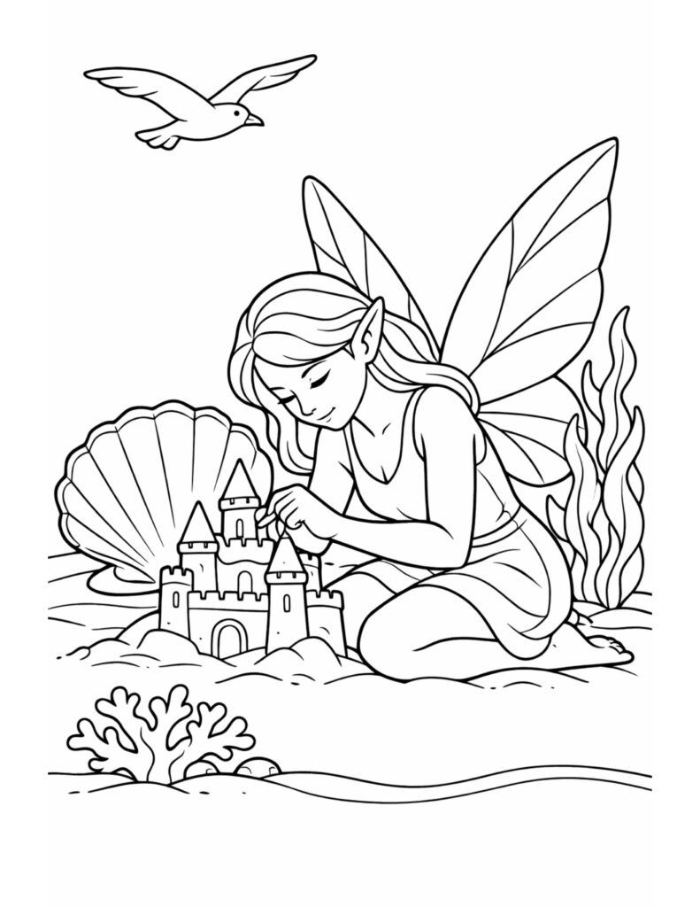 fairy building a sandcastle coloring page showing a winged fairy sculpting a beach castle near a shell coloring page