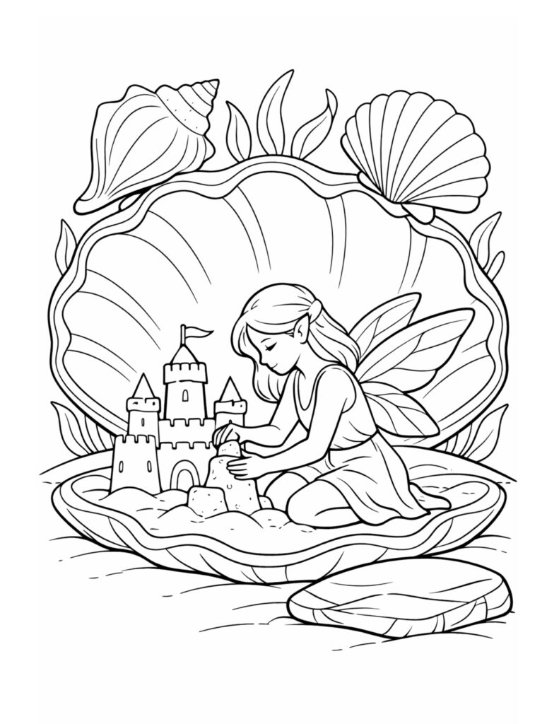 fairy building sandcastle in seashell coloring page with a gentle fairy creating a tiny castle