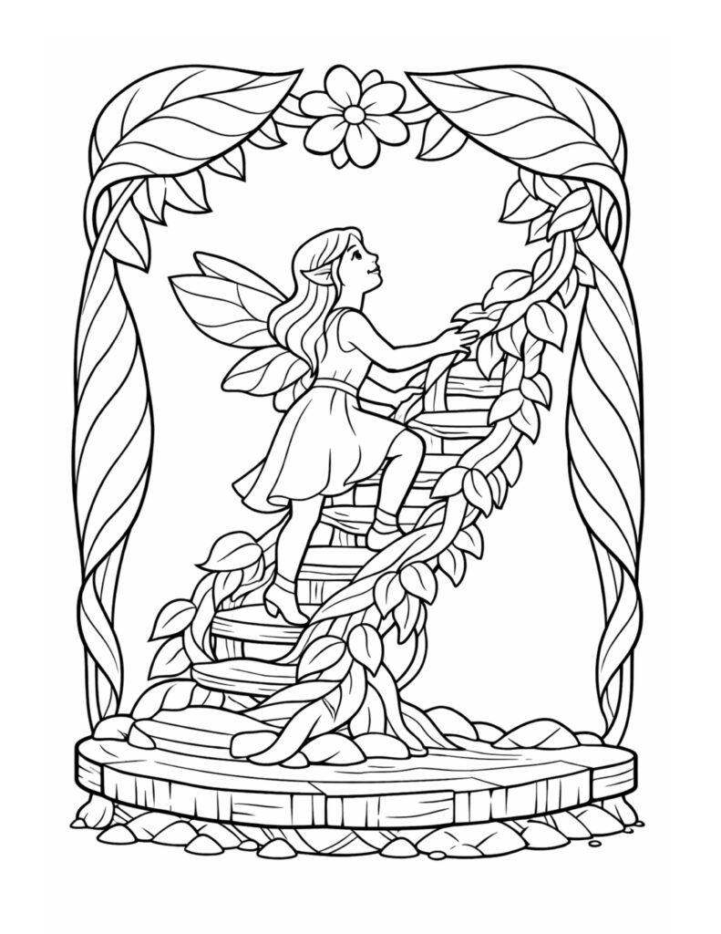 fairy-climbing-a-vine-staircase-coloring-page
