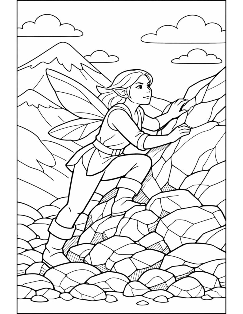 fairy climbing rocky mountain coloring page with wings and mountain landscape coloring page