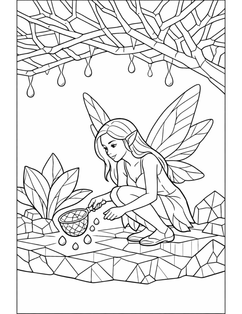 fairy collecting dewdrops coloring page with a crouching fairy, dripping drops, crystals, and leafy branches