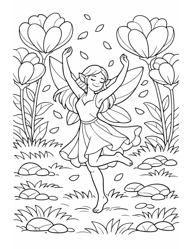 fairy dancing among flower petals coloring page with a smiling fairy between tall flowers and falling petals coloring page