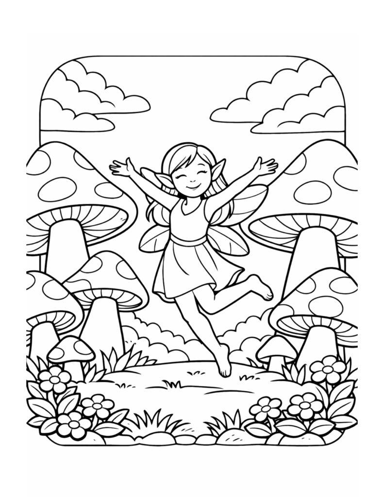 fairy dancing among mushrooms coloring page with a joyful fairy and oversized mushrooms