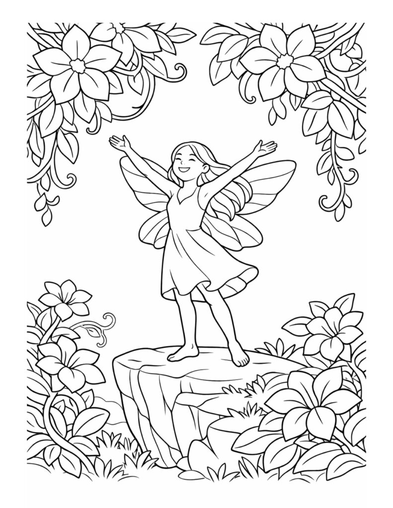fairy dancing on a rock coloring page with a smiling fairy raising her arms among big flowers and leafy vines coloring page