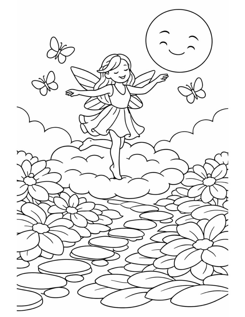 fairy dancing under smiling moon coloring page with butterflies flowers and a stone path