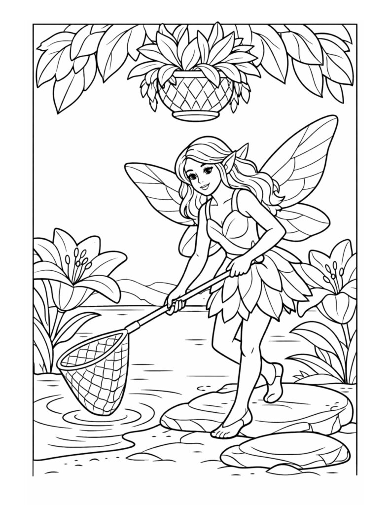 fairy fishing in a pond coloring page showing a winged fairy using a net by calm water with flowers and leaves coloring page