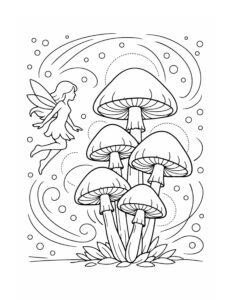 Try fairy flying near mushrooms coloring page, a free printable design for magical relaxing coloring at home.