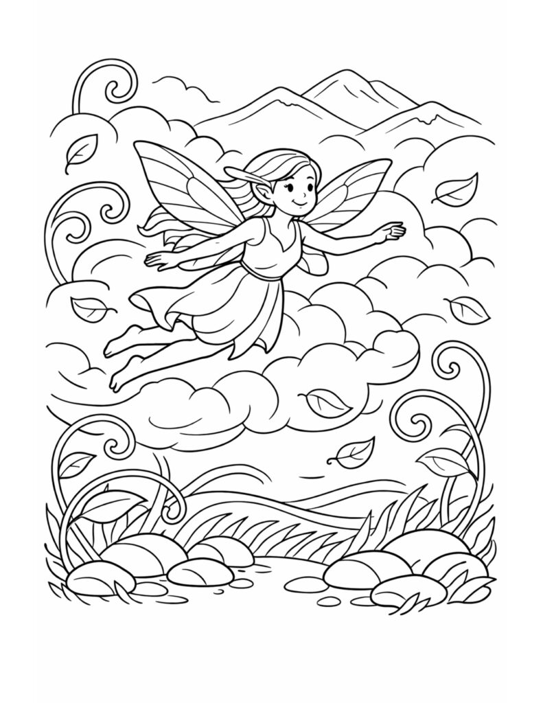fairy flying through clouds coloring page with swirling vines, drifting leaves, and mountain sky coloring page