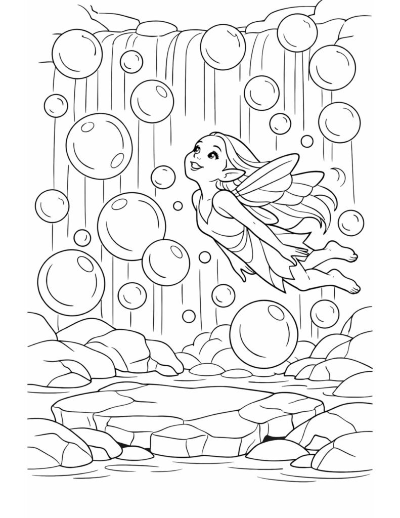 fairy flying through waterfall bubbles coloring page, smiling fairy drifting in bubbly waterfall air coloring page
