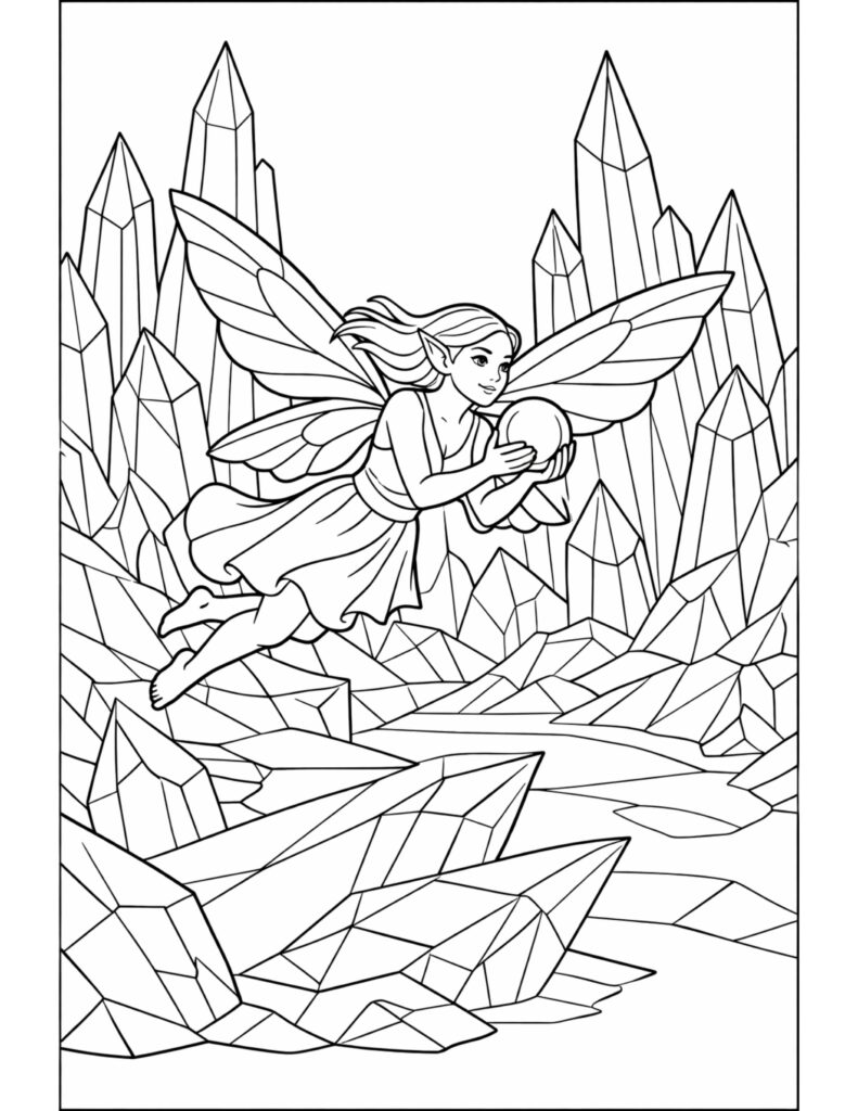 fairy holding a crystal orb coloring page flying through tall crystal spires in a fantasy cave coloring page