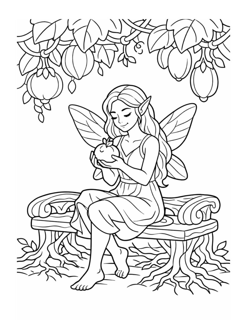 fairy holding apple on bench coloring page with hanging fruit and leafy vines above a root bench coloring page