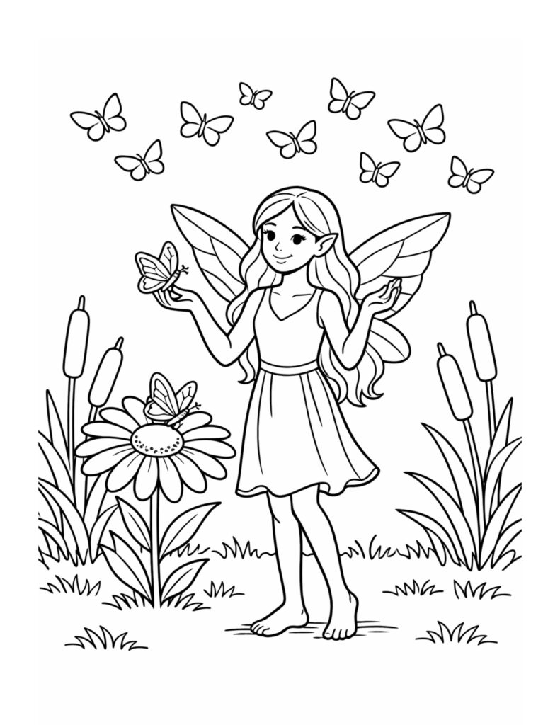 fairy holding butterflies in meadow coloring page with a smiling fairy surrounded by flowers and butterflies coloring page