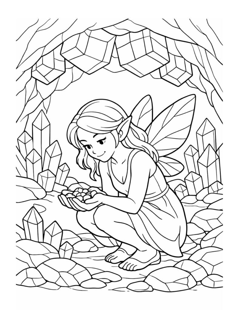 fairy holding gems in cave coloring page with a crouching fairy surrounded by crystals in a quiet cavern coloring page