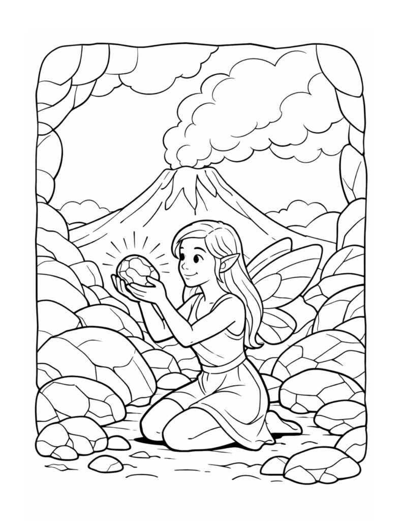 fairy holding glowing orb coloring page with wings kneeling among rocks and mountains coloring page