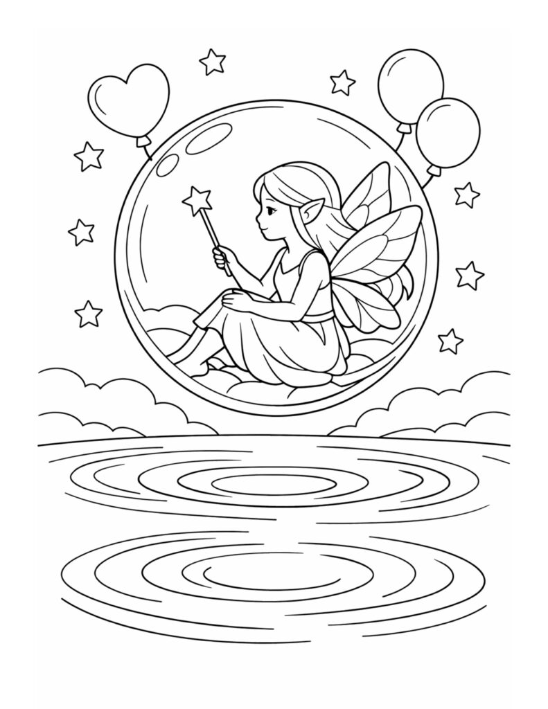 fairy in bubble holding wand coloring page with stars, balloons, and water ripples
