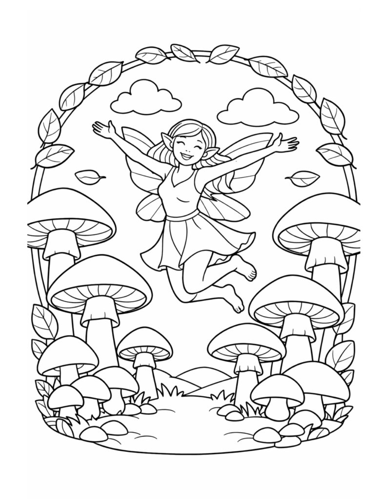 fairy jumping above mushrooms coloring page with a smiling fairy midair inside a leafy arch over big mushrooms coloring page
