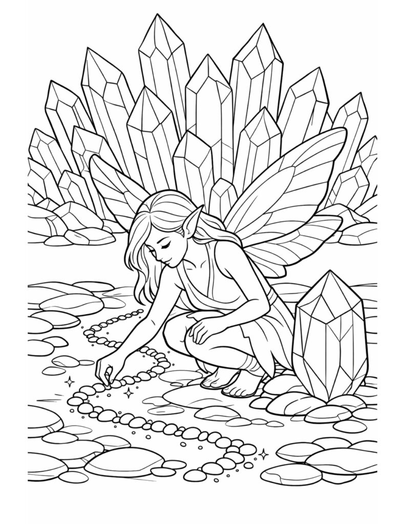 fairy making a pebble trail coloring page with a crouching fairy beside tall crystals and scattered stones coloring page