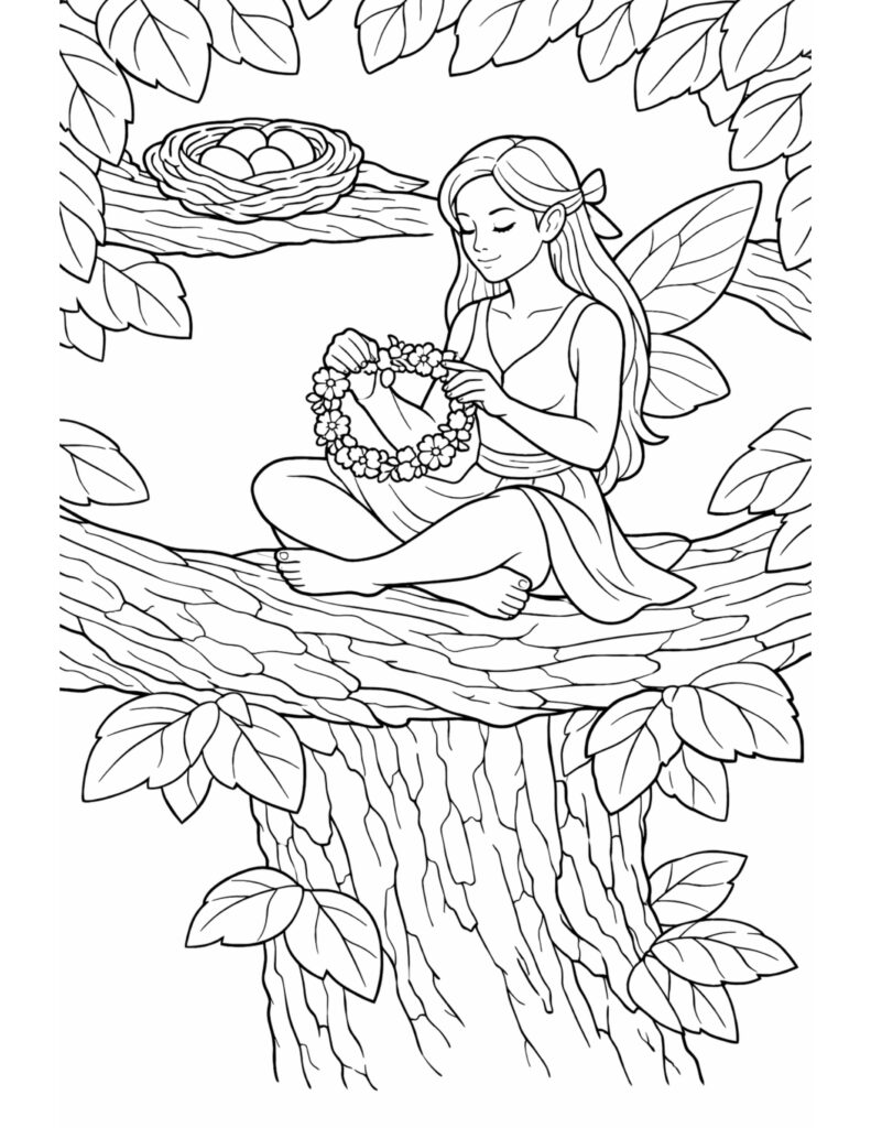 fairy making flower crown coloring page with a gentle fairy sitting on a tree branch coloring page