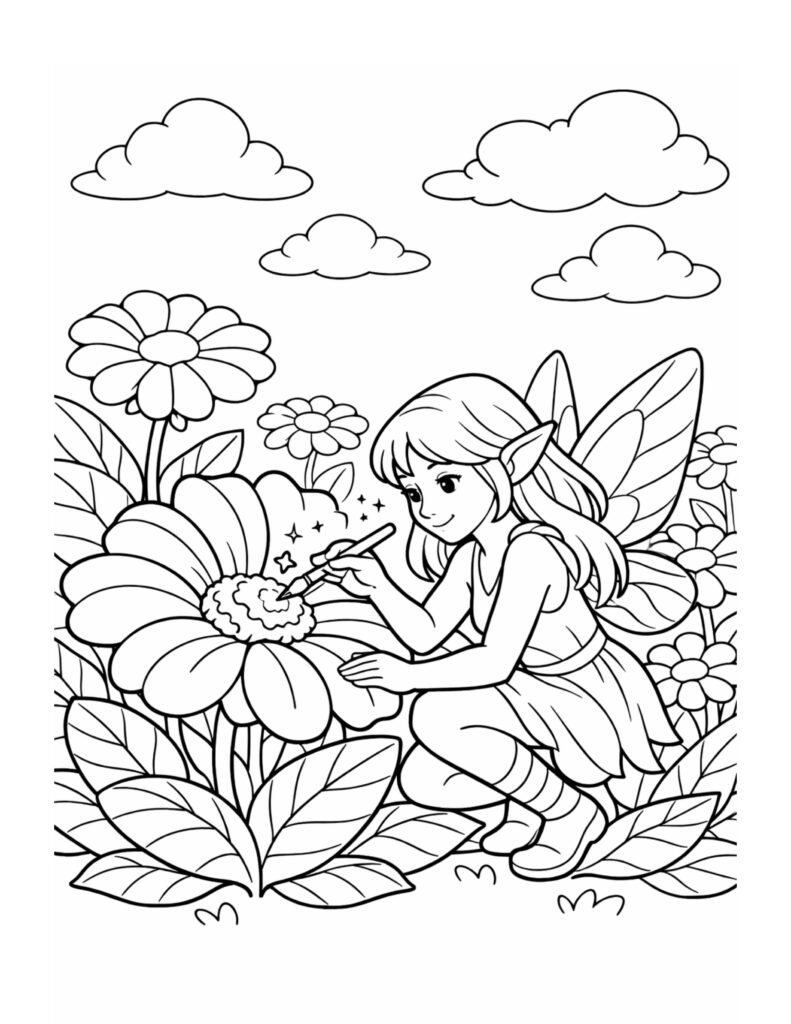 fairy painting a flower coloring page featuring a fairy kneeling by a big blossom in a garden scene