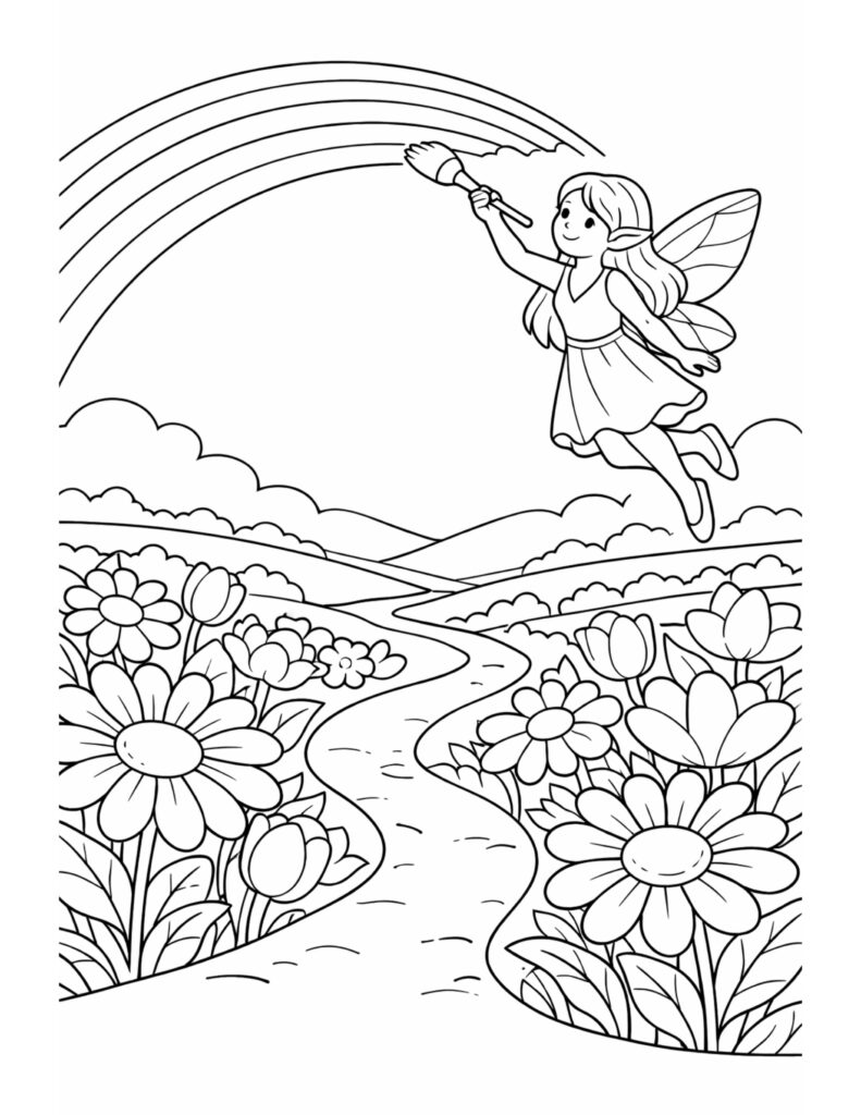 fairy painting a rainbow coloring page with flying fairy above flowers and a winding path coloring page