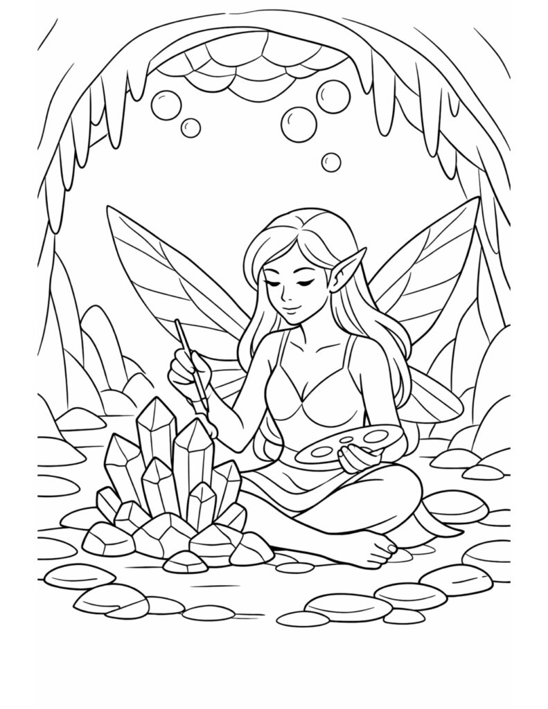 fairy painting crystals coloring page showing a fairy with wings painting crystal stones in a magical cave coloring page