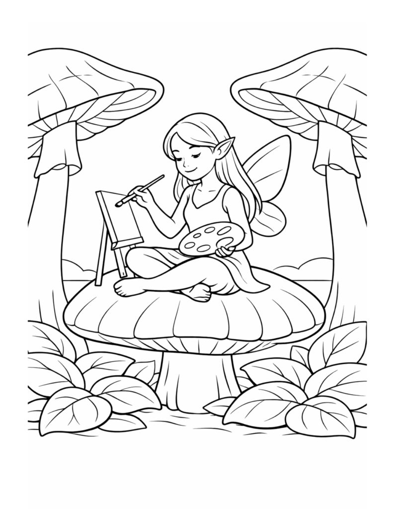 fairy painting on a mushroom coloring page with canvas wings and forest details coloring page
