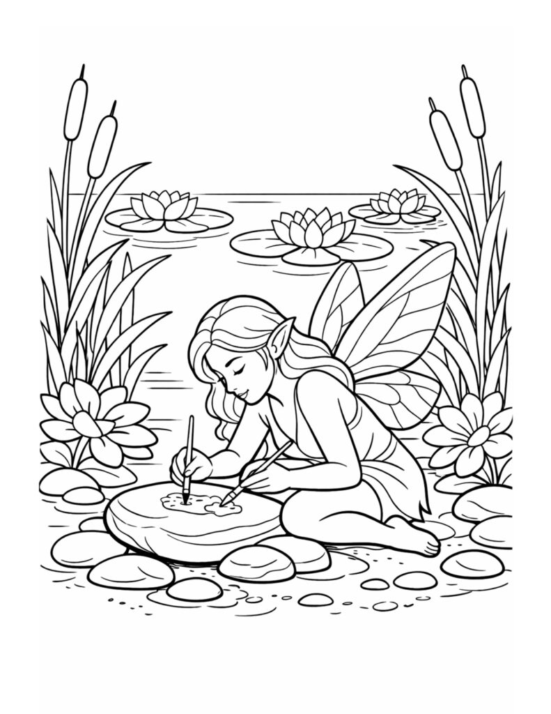fairy painting stone by pond coloring page with wings, flowers, and water scene coloring page