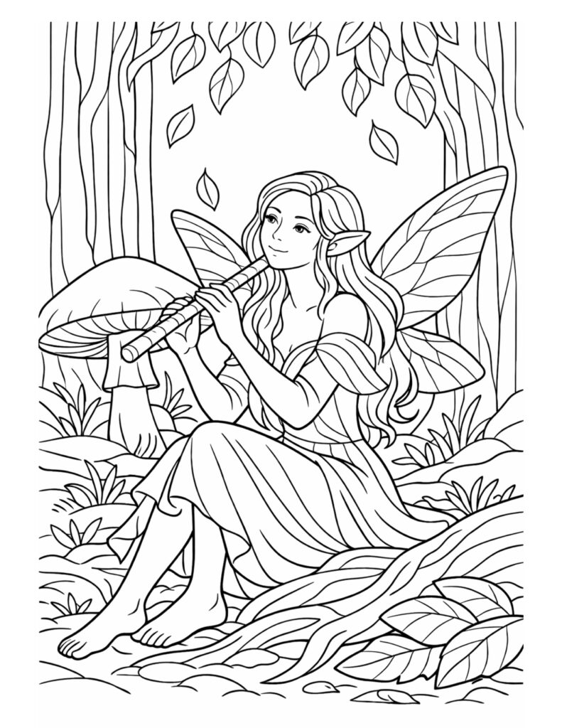 fairy playing flute in forest coloring page with wings, trees, and mushrooms coloring page