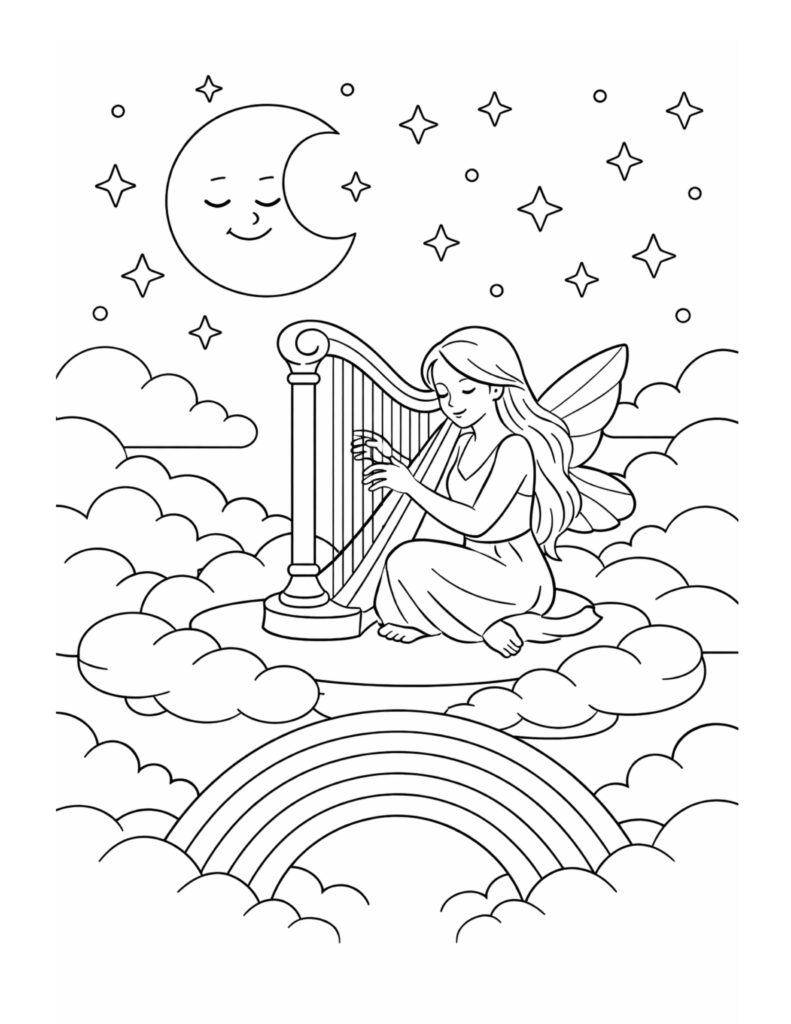 fairy playing harp on clouds coloring page with moon stars and soft clouds coloring page