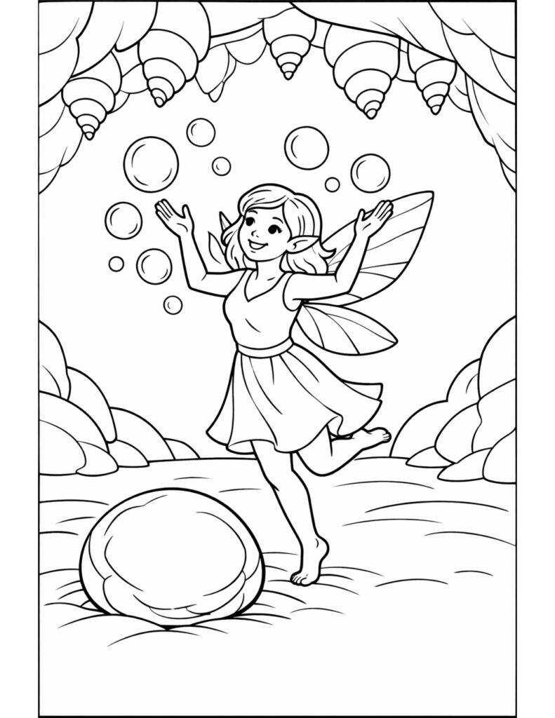 fairy playing with bubbles coloring page with a smiling fairy, floating bubbles, and a big pearl coloring page