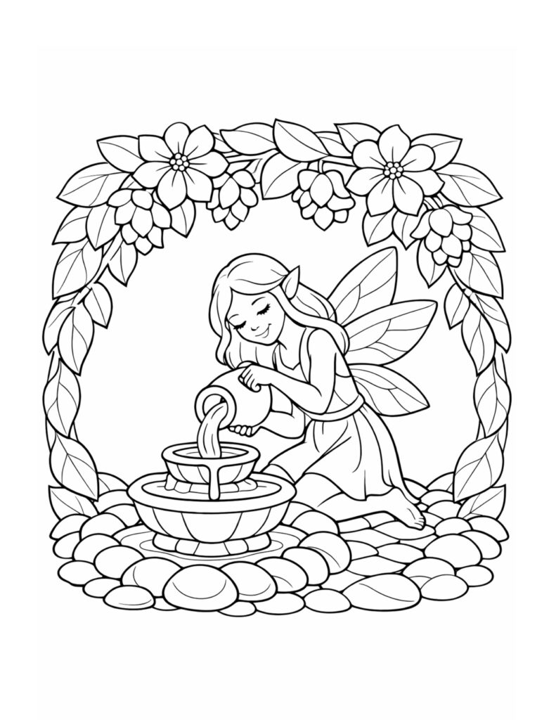 fairy pouring water into fountain coloring page with delicate wings and floral frame coloring page