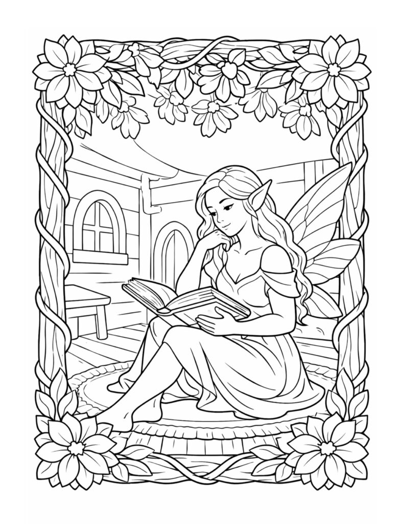 fairy reading in a cottage coloring page with a winged fairy on a rug holding an open book, floral frame coloring page