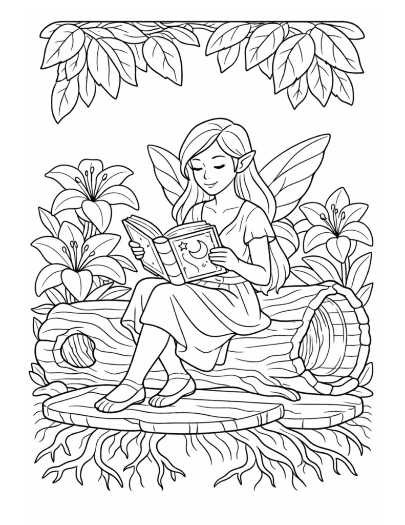 fairy reading on a log coloring page with a fairy reading a book on a wooden log bench among flowers