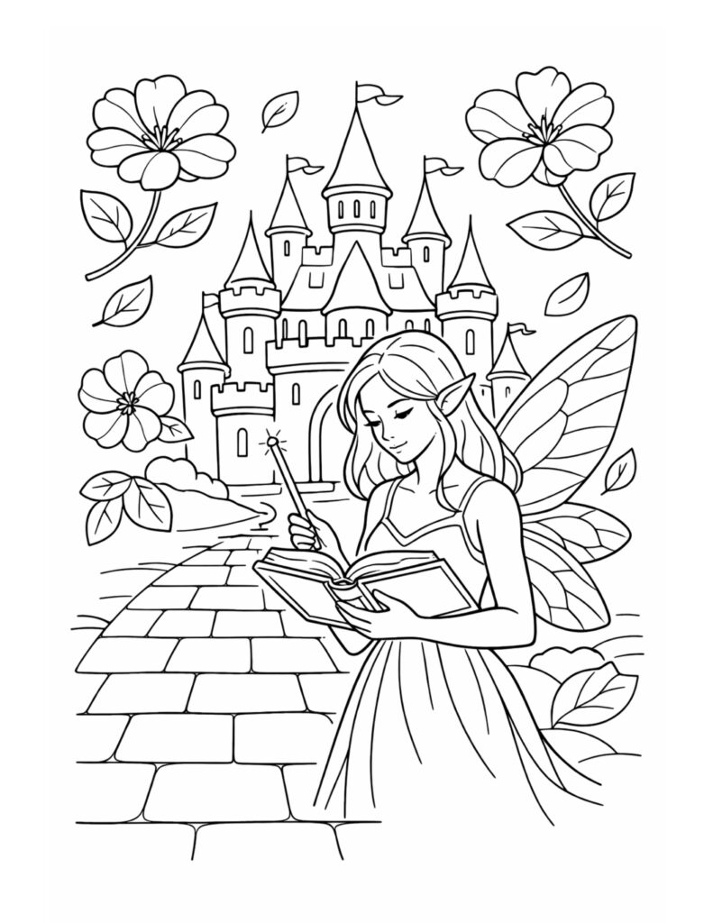 fairy reading spellbook at castle coloring page with wand, stone path, flowers, and wings