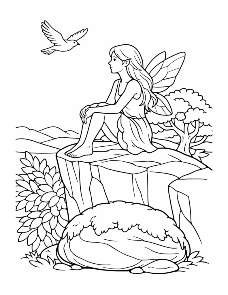 fairy sitting on a cliff coloring page featuring a seated fairy watching a flying bird in a peaceful landscape