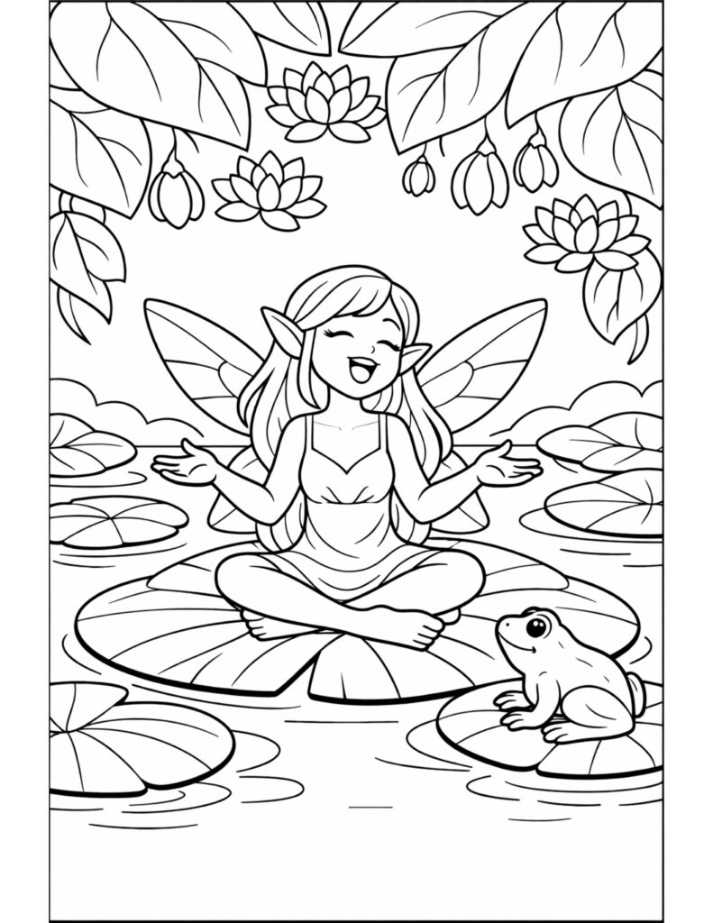 fairy sitting on lily pad coloring page with smiling fairy and frog on water coloring page