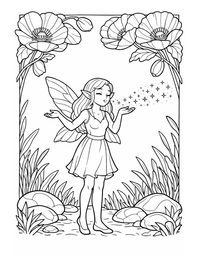 fairy spreading magic sparkles coloring page with a gentle fairy surrounded by flowers coloring page