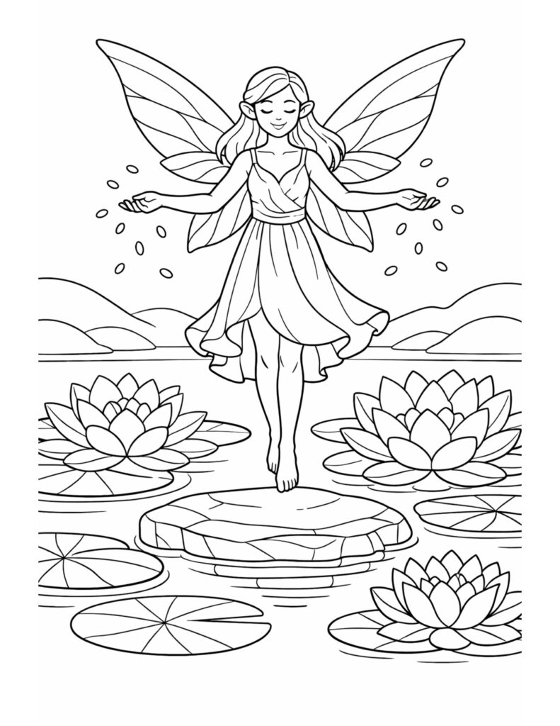 fairy standing on lily pads coloring page with lotus flowers on a peaceful pond coloring page