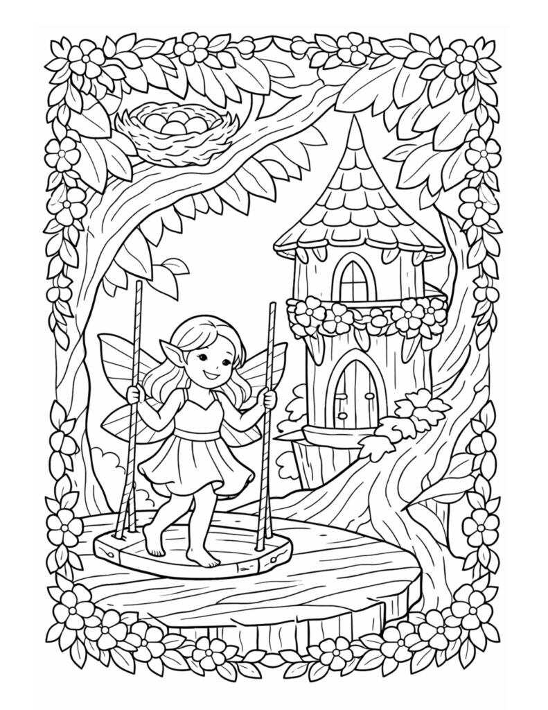 fairy swinging by treehouse coloring page with a smiling fairy on a swing surrounded by flowers coloring page