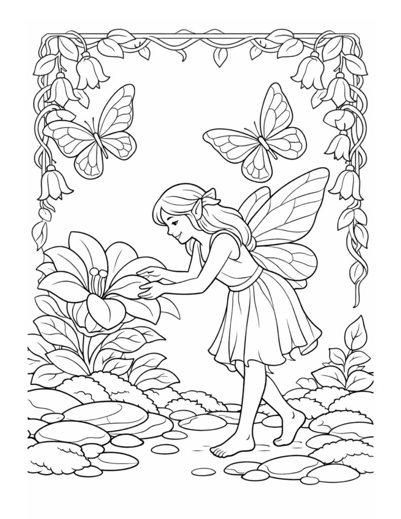 fairy tending a large flower coloring page with butterflies and floral frame coloring page