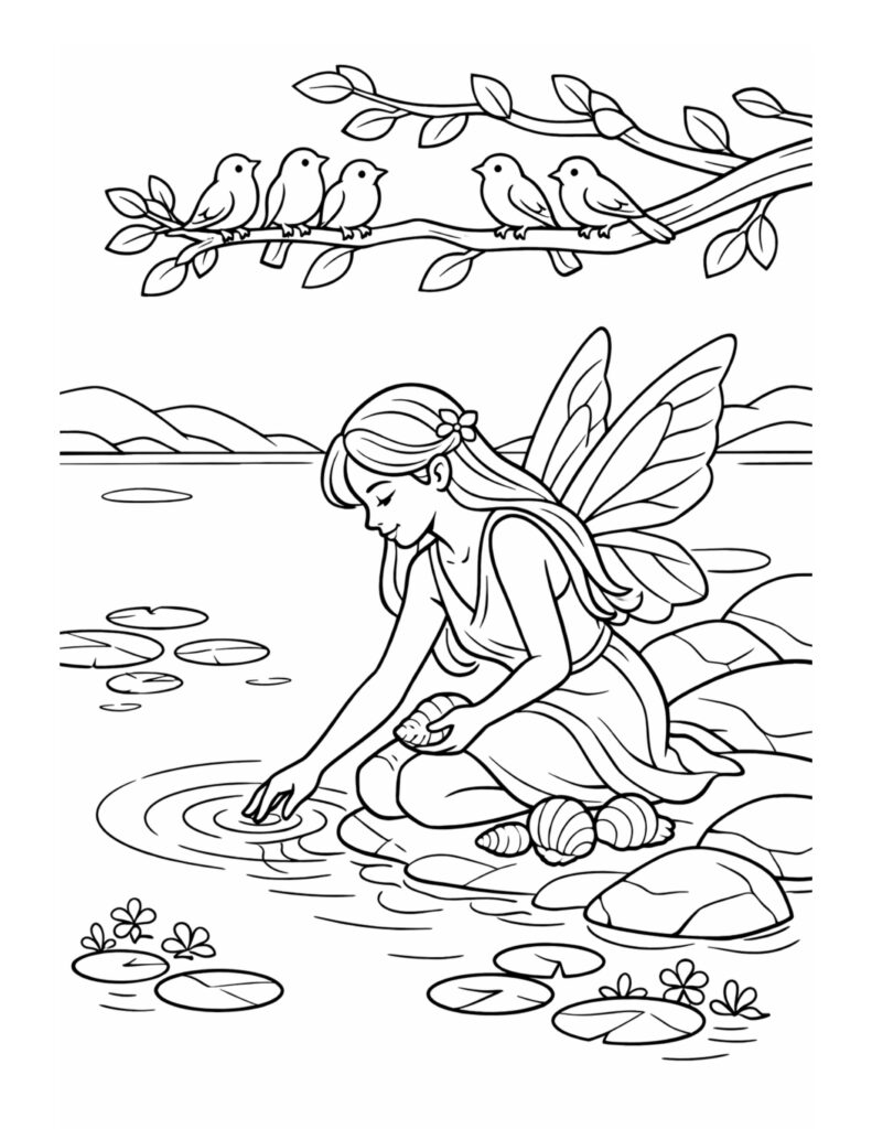 fairy touching pond water coloring page with lily pads, shells, and birds on a branch coloring page