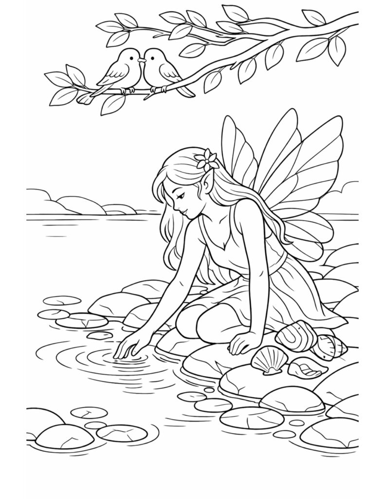 fairy touching water coloring page showing a gentle fairy by a calm pond coloring page