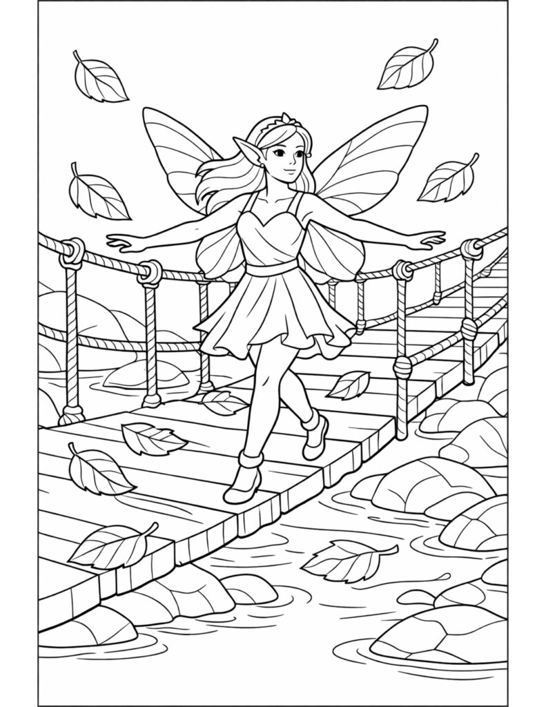 fairy walking on rope bridge coloring page featuring a winged fairy crossing above a stream with rocks and falling leaves coloring page