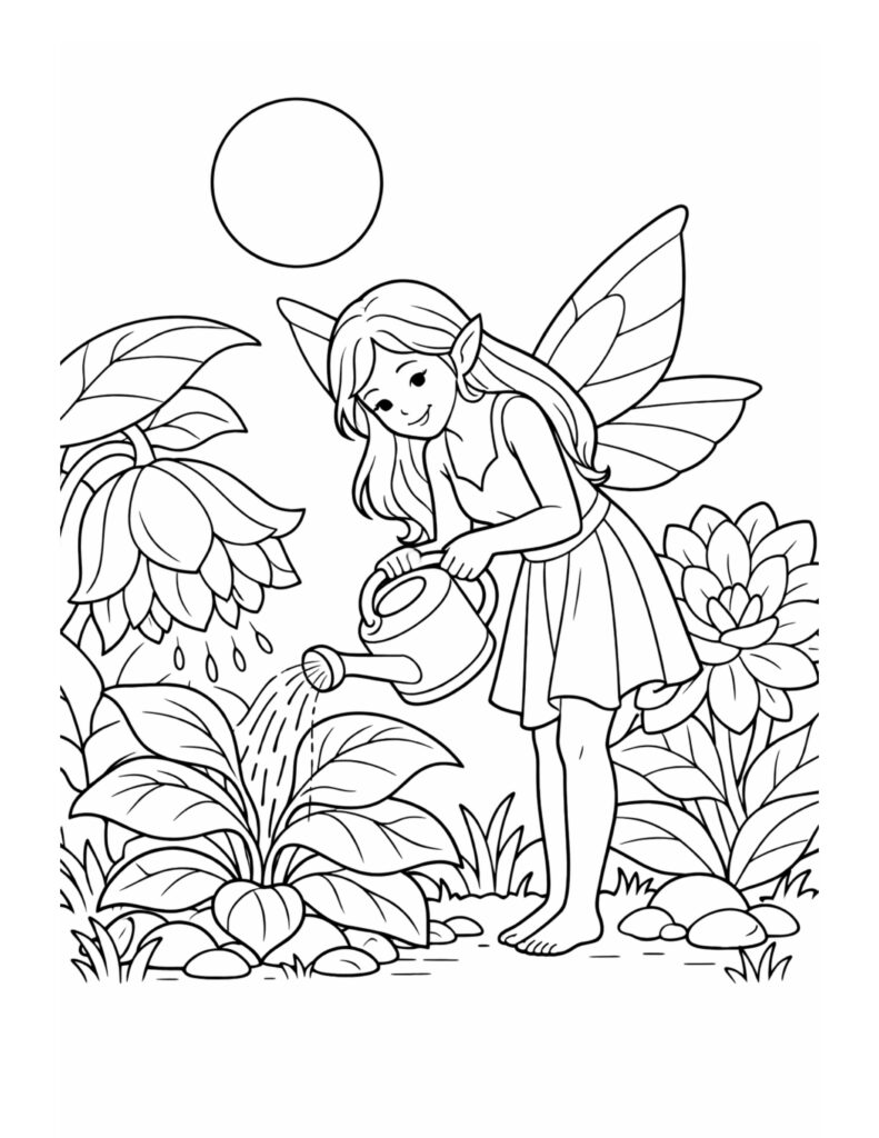 fairy watering garden plants coloring page with a smiling fairy using a watering can in a garden scene coloring page