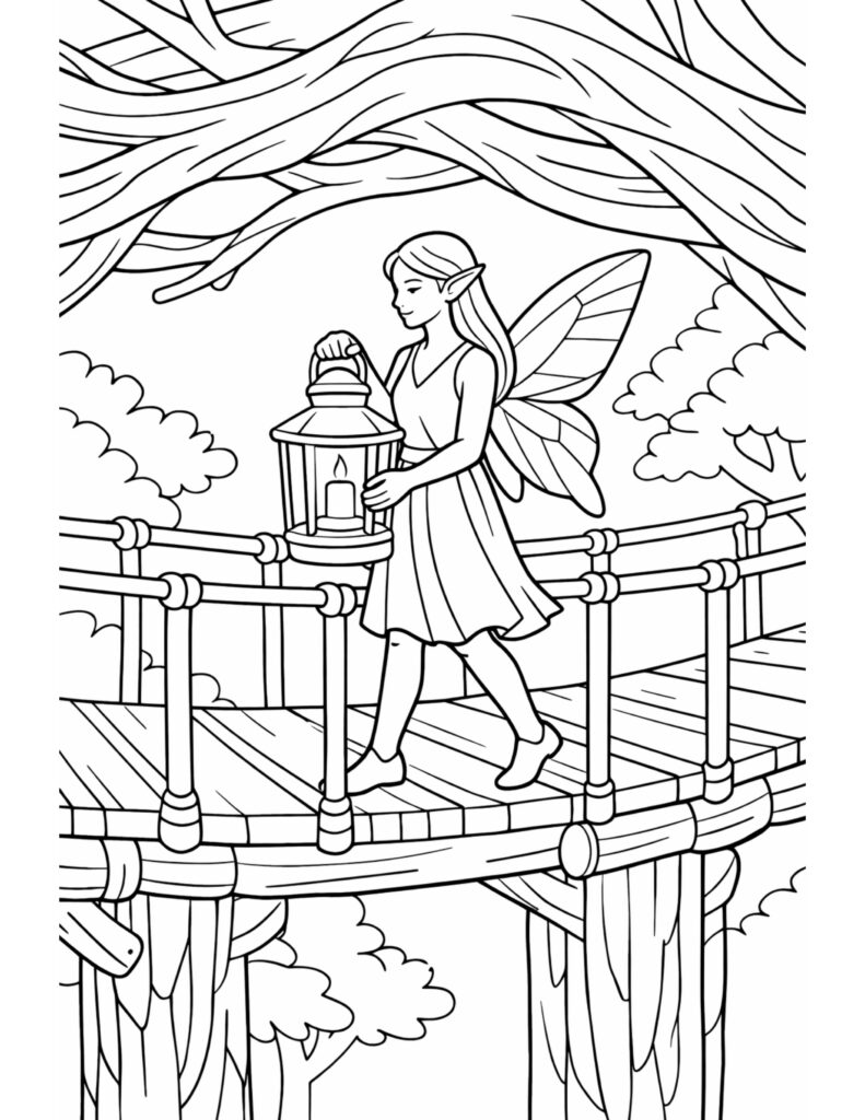 fairy with lantern on bridge coloring page featuring a winged girl walking a wooden treetop walkway coloring page