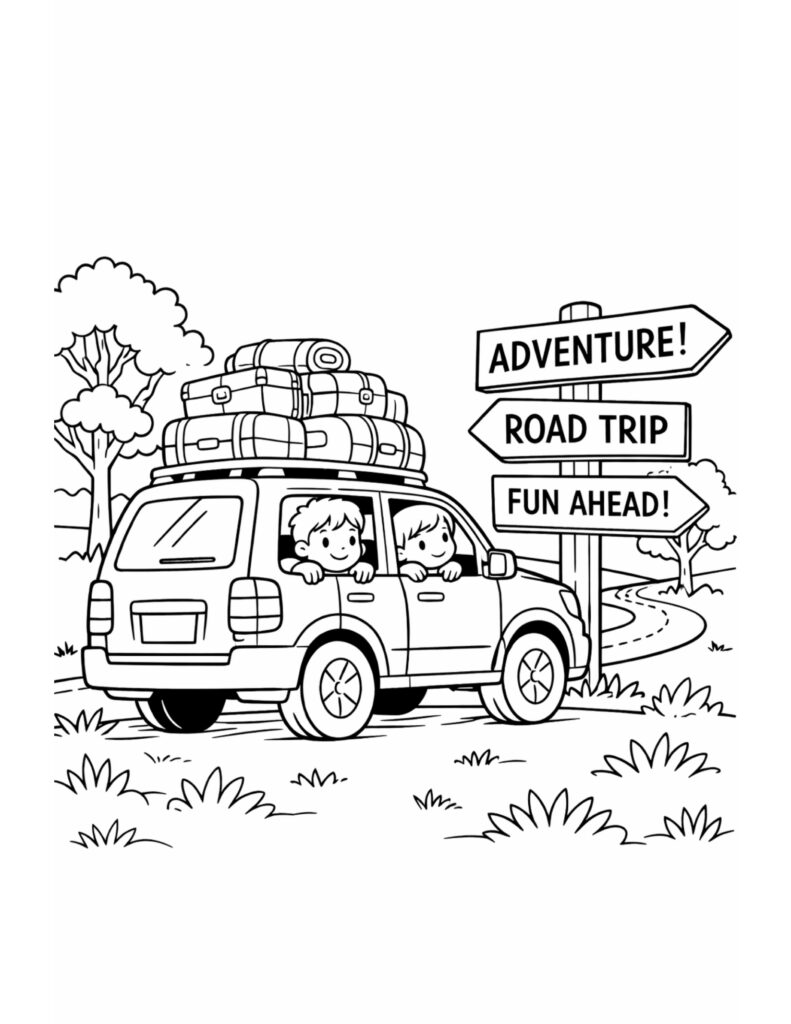 family road trip adventure car coloring page with kids in a packed car and road signs coloring page