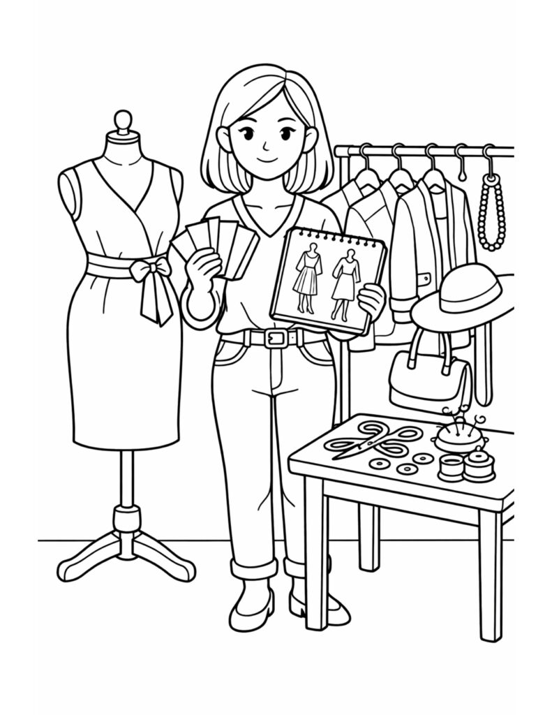 fashion designer holding dress sketches coloring page showing a designer in a studio with clothes and tools coloring page