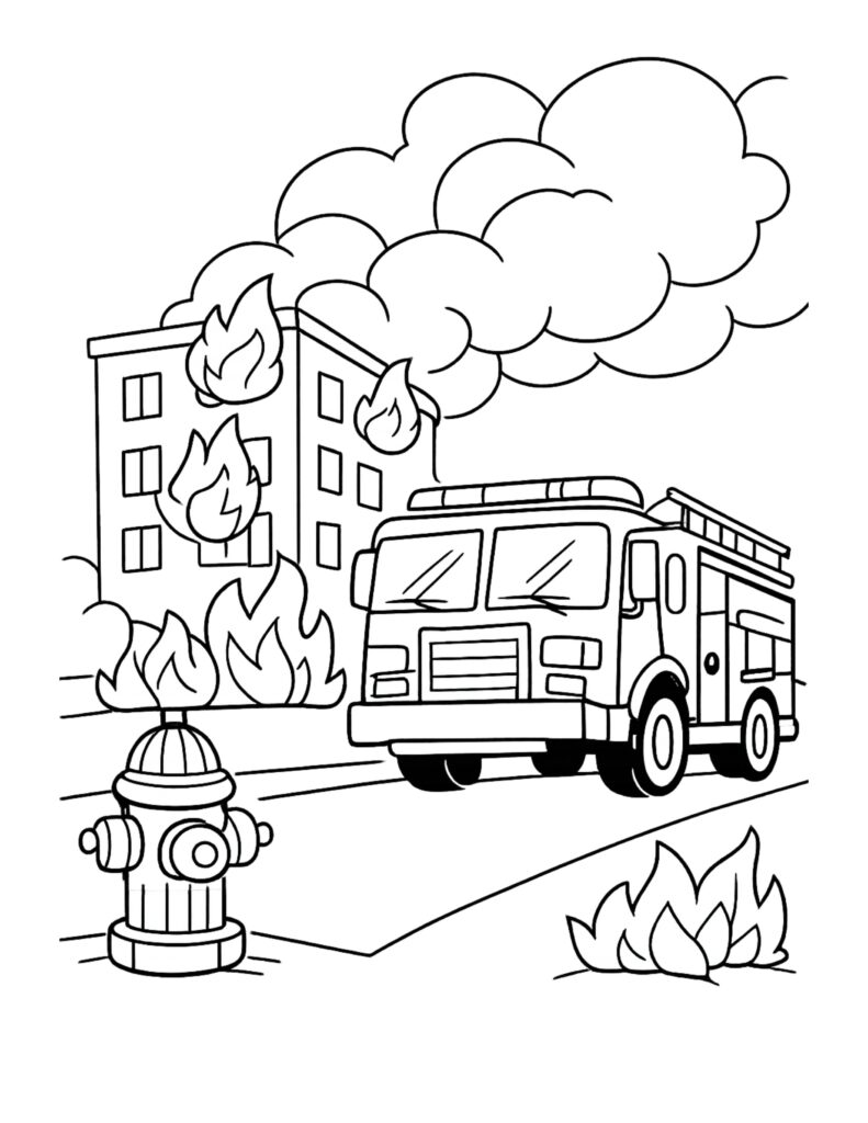 fire truck at burning building coloring page with smoke clouds, flames, and a hydrant in the street coloring page