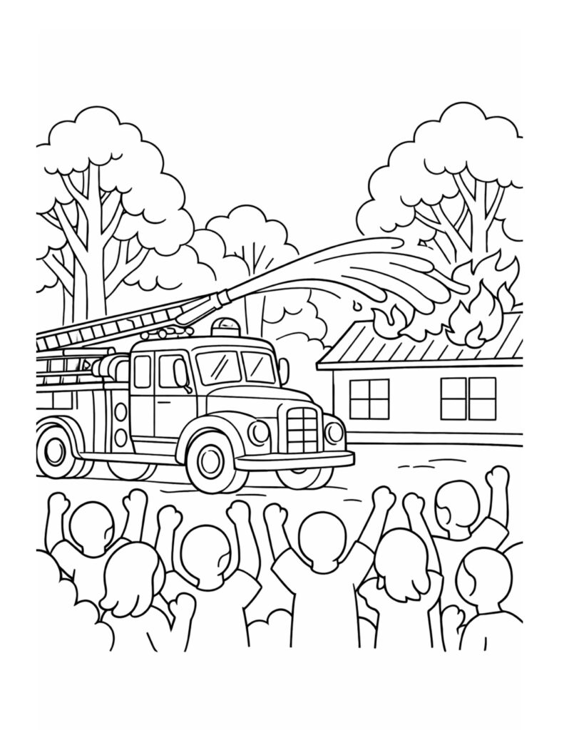 fire truck spraying house coloring page showing firefighters putting out a fire coloring page