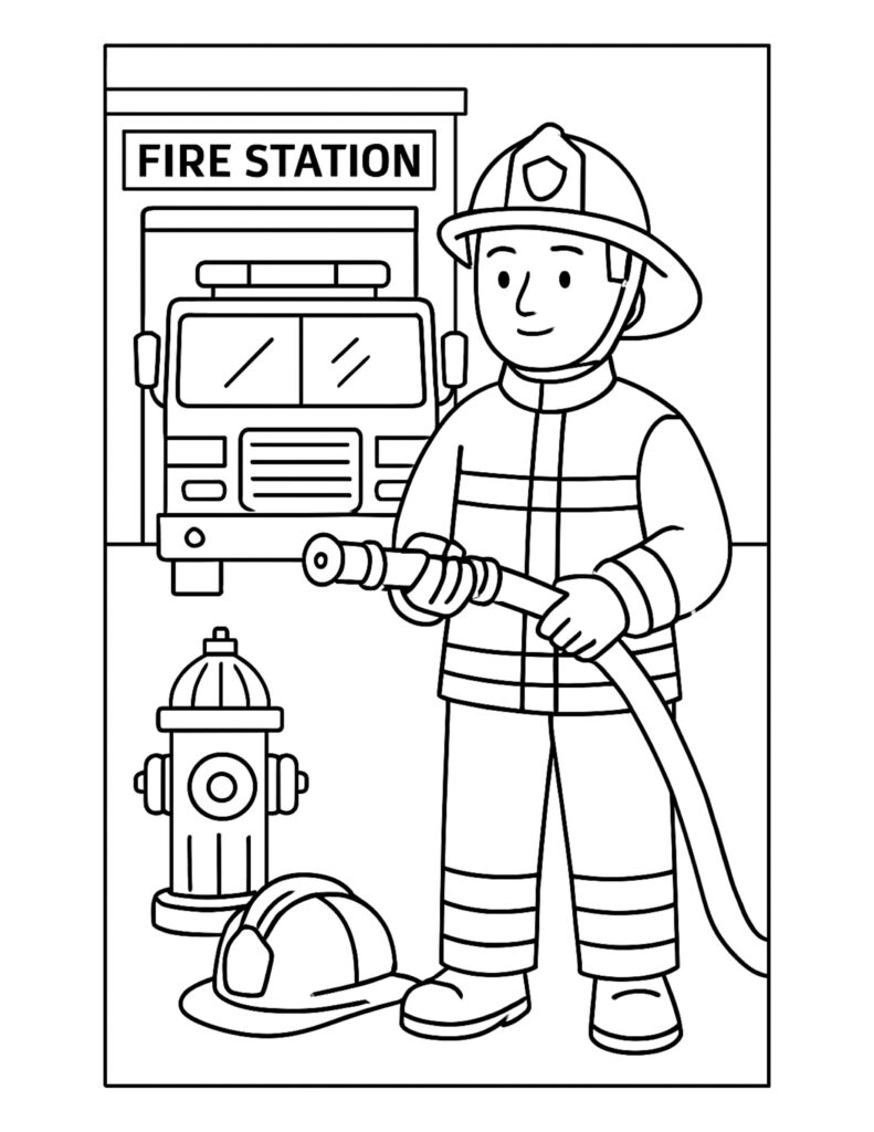 firefighter holding hose outside station coloring page with a fire truck, hydrant, and gear in front of the station coloring page
